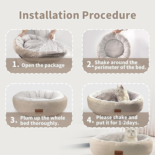 Cozy Round Cat Bed – Soft, Comfortable Cushion for Cats & Kittens – Non-Slip, Machine Washable, Plush Sleep Bed for Cats, Ideal for Resting & Napping (Khaki & Small)