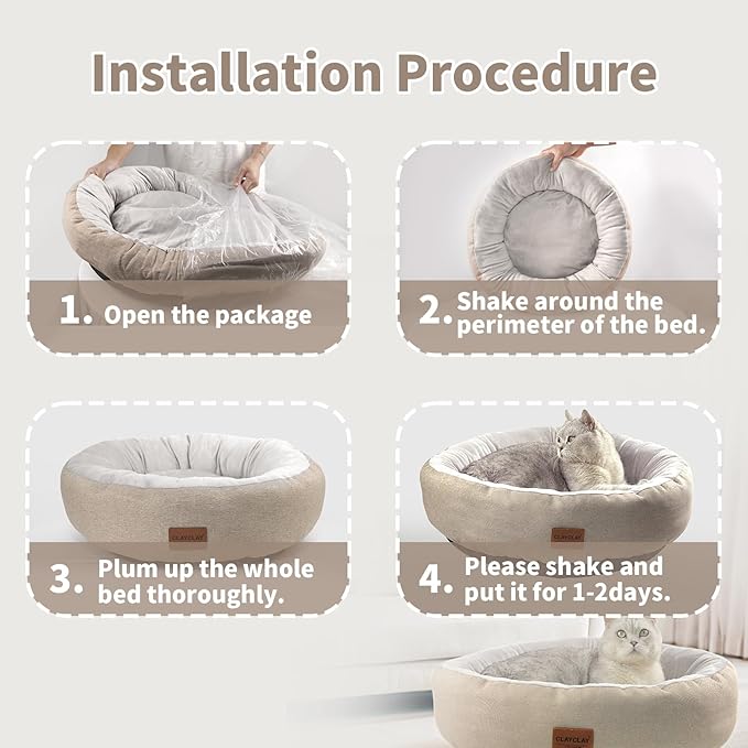 CLAYCLAY Cozy Round Cat Bed – Soft, Comfortable Cushion for Cats & Kittens – Non-Slip, Machine Washable, Plush Sleep Bed for Cats, Ideal for Resting & Napping (Khaki & Large)