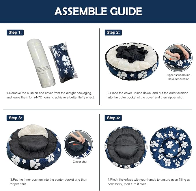 Donut Dog Beds for Small Dogs, Calming Round Cat Beds for Indoor Cats, Cute 3D Textured Paw Pet Bed with Removable Washable Cover and Anti-Slip Bottom（Navy Blue，20"）