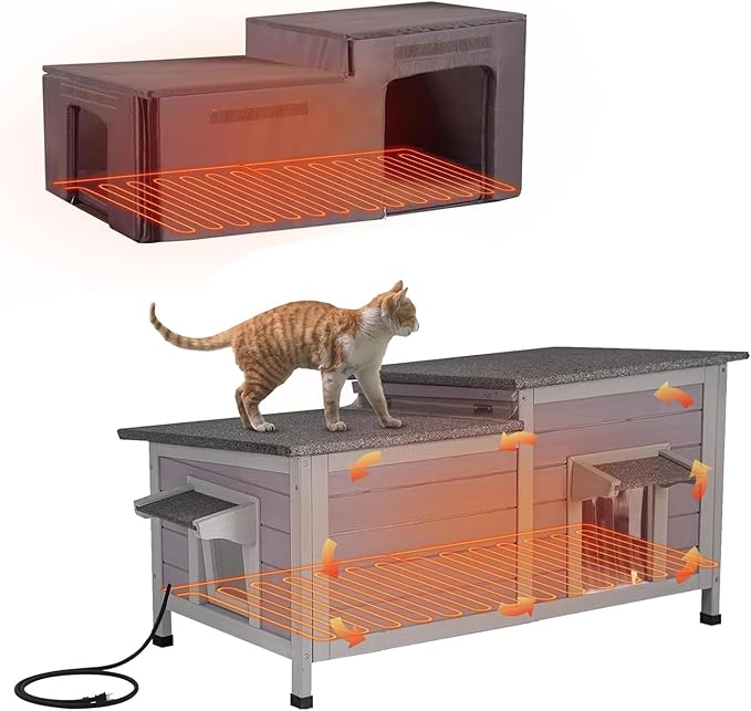 Gutinneen Heated Cat House Outdoor Feral Kitty Shelter with Insulated & Heated Liner Weatherproof Roof Cat Home for Winter,Roomly