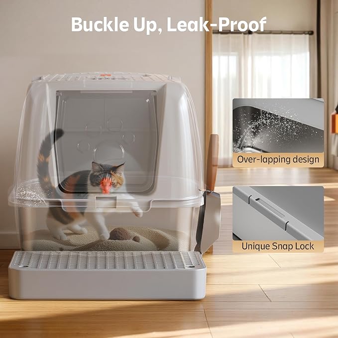 Stainless Steel Litter Box with Lid, XL Large Metal Box for Cats 180° Flip Cover, Non-Odor Enclosure Litter Box with Litter Scoop and Litter Mat (Non-Sticky, Easy to Clean, Anti-Urine Leakage)