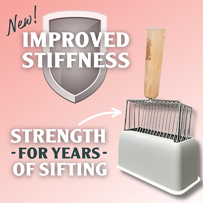 Sprinkle & Sweep Metal Cat Litter Scoop - Heavy Duty Litter Scooper & Speed Sifter with Comfortable Beech Wood Grip - Washable Convenient Stand for Easy and Efficient Cleaning