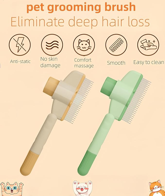 Zen Brush for Cats & Dogs, Avatore Zenbrush Pet Comb, Self-Cleaning Grooming Brush, Stainless Steel Teeth for Shedding Hair Removal 2-pack (Green+Yellow)