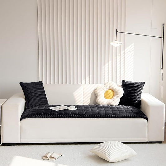 Faux Fur Plush Dog Couch Cover 3D Stripe Fuzzy Sofa Cover Non-Slip Fluffy Dog Bed Cover Pet Blanket Sofa Couch Furniture Protector for Puppy Large Dog Cat (Black,35"x94")