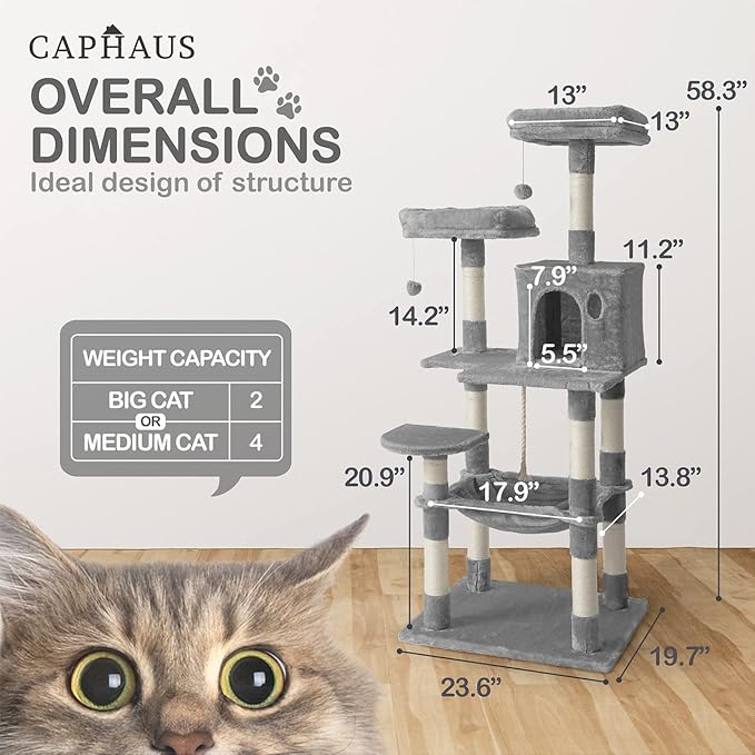 CAPHAUS Tall Cat Tree for Indoor Cats, Modern Cute 58-Inch Cat Climbing Play Tower with Top Perch for Large Cats Kittens, Multi-Level Cat Activity Tree w Scratching Posts, Hammock, Cat Cave Condo