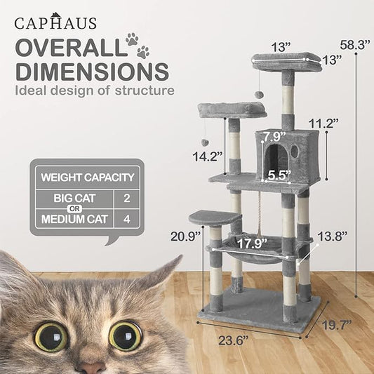 CAPHAUS Tall Cat Tree for Indoor Cats, Modern Cute 58-Inch Cat Climbing Play Tower with Top Perch for Large Cats Kittens, Multi-Level Cat Activity Tree w Scratching Posts, Hammock, Cat Cave Condo