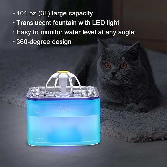 Crystal Cat Water Fountain Stainless Steel, 101oz/3L Pet Fountain with LED Light for Cats and Dogs (Green)
