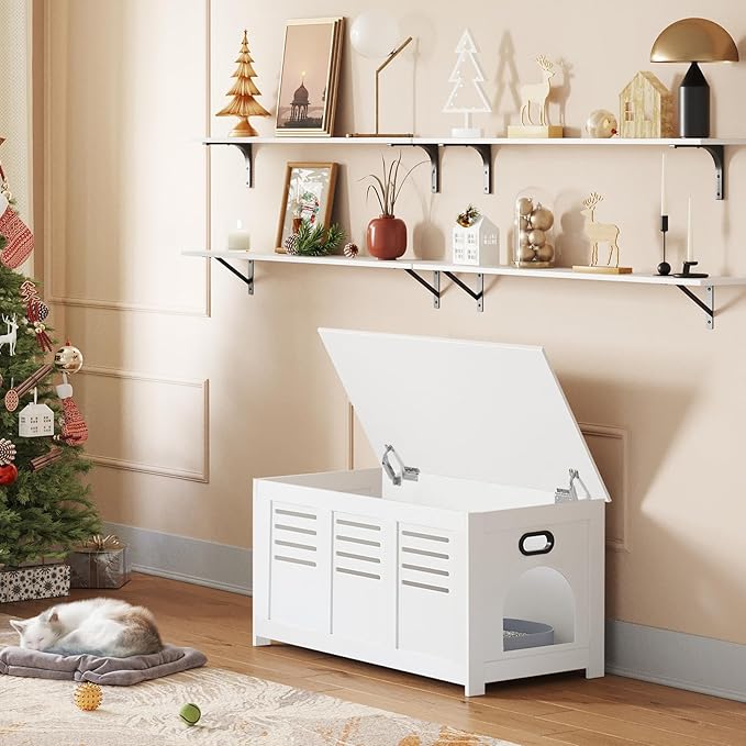 DINZI LVJ Litter Box Enclosure, Flip Top Litter Box Furniture, Hidden Cat Washroom, Wooden Cat House, End Table, 39.4" L x 19.7" W x 19.7" H, Good Ventilation, Easy to Assemble, White