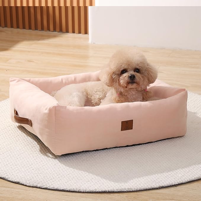 25In Dog Bed for Small Medium Sized Dogs - Washable Rectangle Puppy Bed for Indoor Outdoor, Cozy Pet Bed with Support Pillow & Non-Slip Bottom(Pink, Medium)