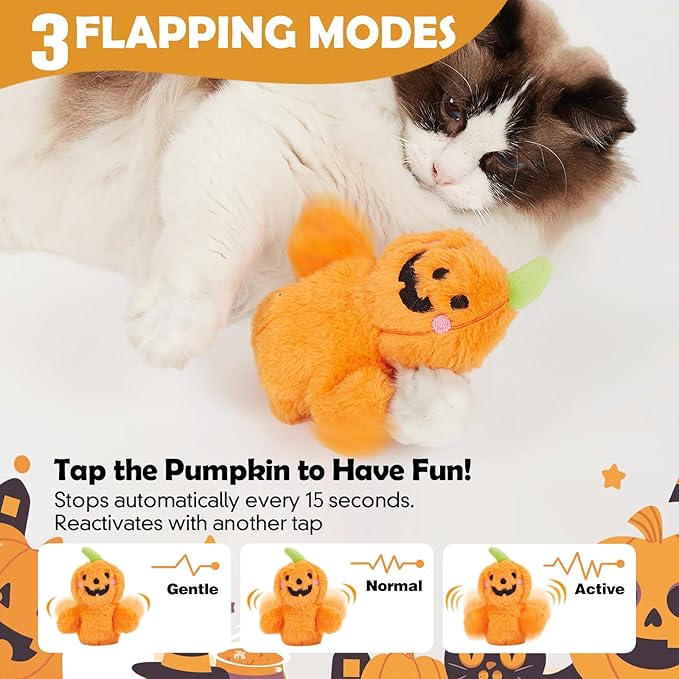 Halloween Catnip Toys, Flapping Pumpkin Catnip Toy, Interactive Kitten Exercise Toys for All Cat Breeds Play Alone, Never Boredom
