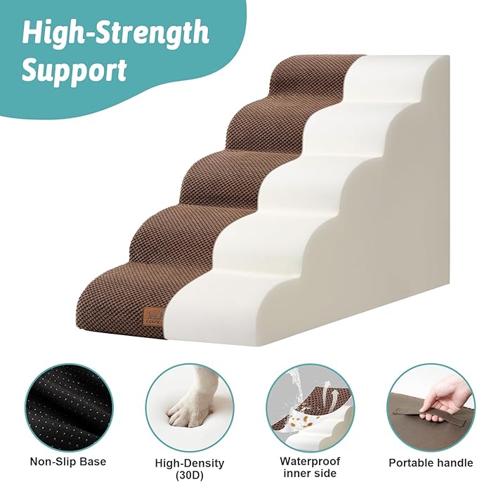 Extra Wide Dog Stairs 19.7" Width, Large Pet Step for Small Medium Dog, Puppy or Cat, Ramp for High Bed or Car, High Density Foam Ladder, Stable, 5 Step, 19.7x33x22.4 inch, Brown