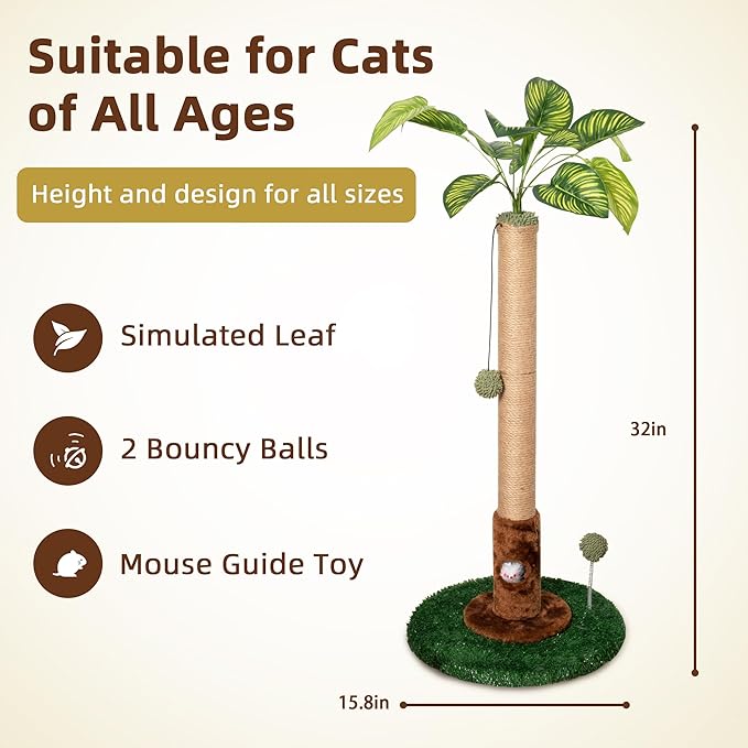 Meowoou Cat Scratching Post for Indoor Cats with Cat Toy Mouse Hole and Interactive Hanging Ball,32 inch Tall Cat Scratcher Palm Cat Tree Tower with Sisal Rope for Indoor Kitten