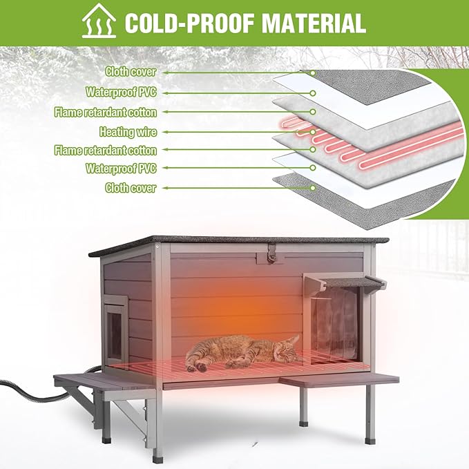 GUTINNEEN Heated Cat House for Outside Insulated Cat House Outdoor Weatherproof Feral Cat Shelter with Heated Pad, All-Round Thermal Liner, Secure Escape Doors for Cats (Winter-Ready)