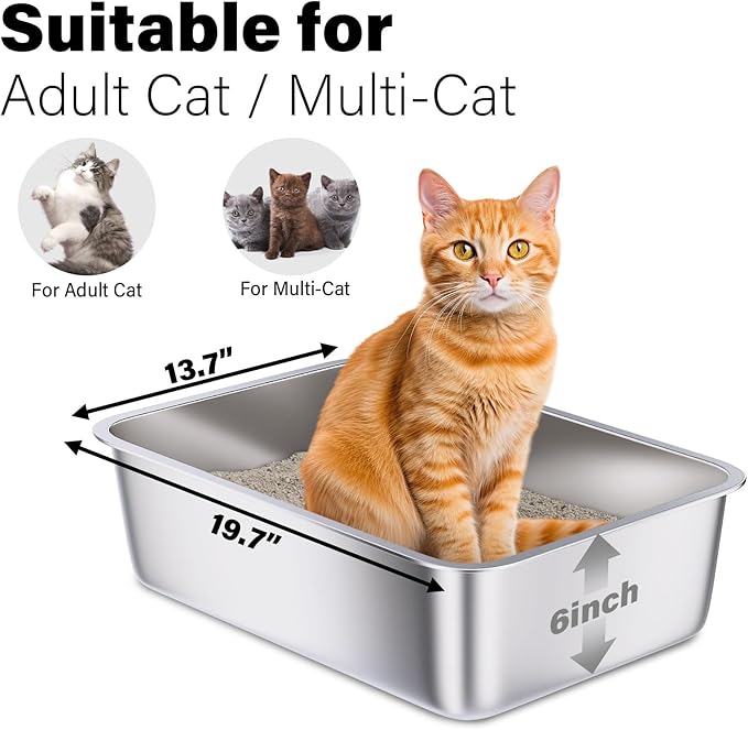 Stainless Steel Litter Box 2 Pack, 20"x14"x6"(Height) Large Metal Litter Box, Easy to Clean, Non Stick No Smell Cat Litterbox for Adult Cats/Kitty