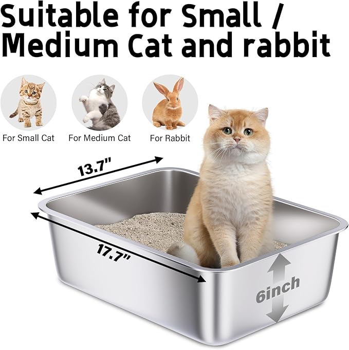 Stainless Steel Litter Box 2 Pack, Metal Litter Box for Cat, Easy Clean Non Stick Easy Entry No Smell Steel Litterbox for Kitty/Rabbit