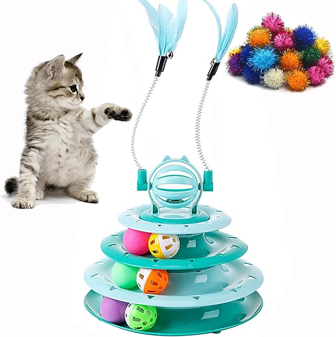 Vealind Cat Toy Roller 4-Level Turntable Cat Toys Balls with Colorful Pom Pom Balls Interactive Fun Mental Physical Exercise Puzzle Kitten Toys (Green)