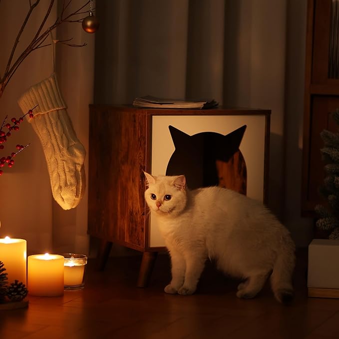 Cat House Wooden Cat Condo Cube Shaped,Modern Cat Bed Side Table & Nightstand,Cat Shelter Furniture with Cushion Cat Scratch Pad,Brown