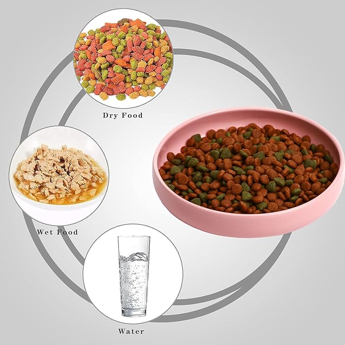 Ceramic Cat Bowls,Shallow Cat Dishes for Food and Water, 6 inch Matte Finish Wide Cat Food Bowl,Whisker Fatigue Free Pet Puppy Kitten Bowl Set of 3,Dishwasher Safe