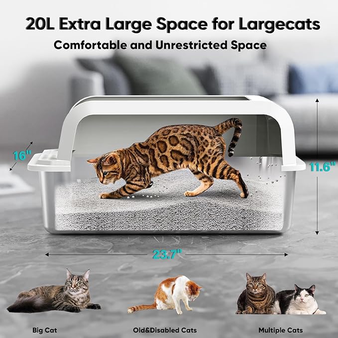 Stainless Steel Cat Litter Box with Lid, XL Large Litter Box for Big Cats, Enclosed Kitty Litter Pan with High Sides, Anti-Leakage&Non-Stick, Easy to Clean, Included Scoop, Aisle and Mat White
