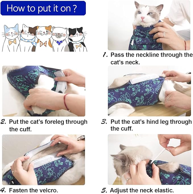 Cat Surgery Recovery Suit Cat Onesie for Cats After Surgery for Surgical Abdominal Wound Or Skin Diseases E-Collar Alternative Wear Neutering Bodysuit Wear (Dark-Blue-S)