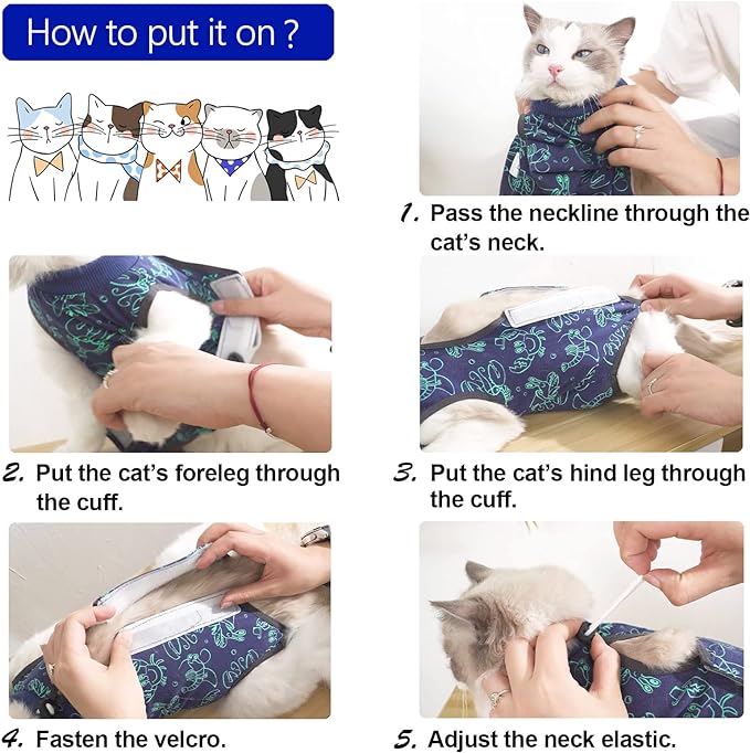 Cat Surgery Recovery Suit Onesie for Cats After Surgery for Surgical Abdominal Wound Or Skin Diseases E-Collar Alternative Wear Neutering Bodysuit Wear (Dark-Blue-M)