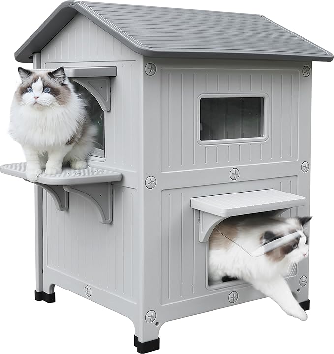 Rockever Luxury Plastic Outdoor Indoor Cat House with Escape Door, Waterproof 2 Story Outdoor Houses for Feral Cats Outside Cat Shelter, Spacious, Clean and Assemble Easily