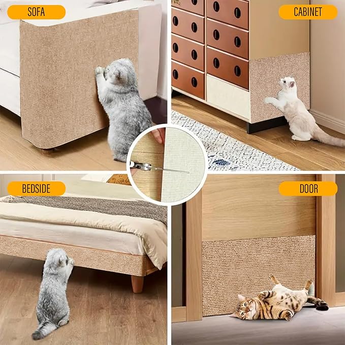 Cat Scratch Couch Furniture Protector, Adhesive Cat Scratch Pad Deterrent for Furniture, DIY Climbing Scratcher for Indoor Cats (Khaki, 78.7x15.8 in)