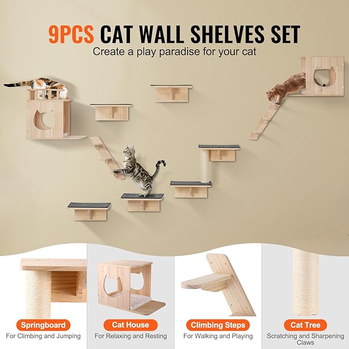 VEVOR Wall Mounted Cat Shelves, Perches with Jumping Boards,Hammocks & Cat Tree, Cat Furniture and Shelves up to 40 lbs for Sleeping, Playing, Climbing, Set of 9