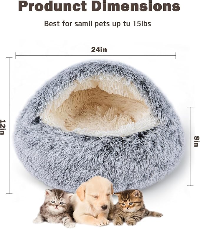 Cat Bed for Indoor Cats, Calming Cozy Cave with Self-Warming Plush, Entire Bed Machine Washable & Anti-Slip Base, Breathable Pet Bed for Small Cats&Dogs All Seasons (Grey, 24 * 24inch)