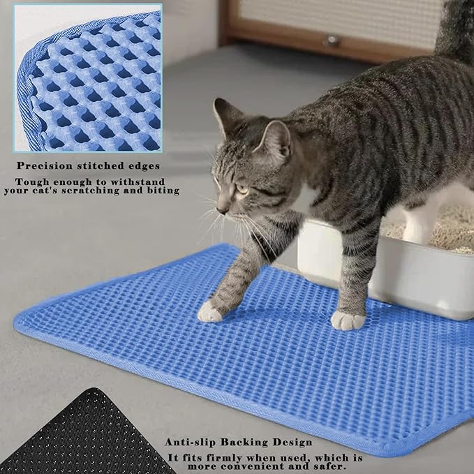 HCY&WLD Cat Litter Mat, Honeycomb Double Layer Cat Litter Trapping Mat, Waterproof Urine Proof Non-Slip, Scatter Control, Less Waste, Easier to Clean (Blue, 35" X 24")