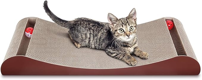 FluffyDream Cat Scratcher Cardboard, Scratching Pad House Bed Furniture Protector, Infinity Shape, Curved (Brown, Bone + Bell)