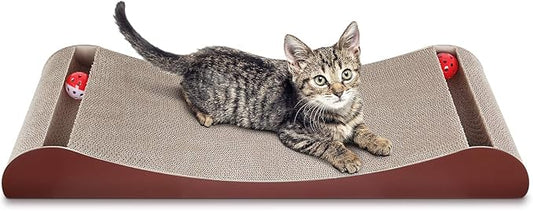 FluffyDream Cat Scratcher Cardboard, Scratching Pad House Bed Furniture Protector, Infinity Shape, Curved (Brown, Bone + Bell)