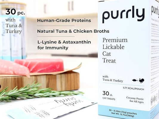 Purrly Lickable Cat Treat Healthy Human-Grade Tuna & Turkey with L-Lysine & Astaxanthin for Immunity (30 Count) Soft Healthy Low Calorie Hydrating Interactive Snack