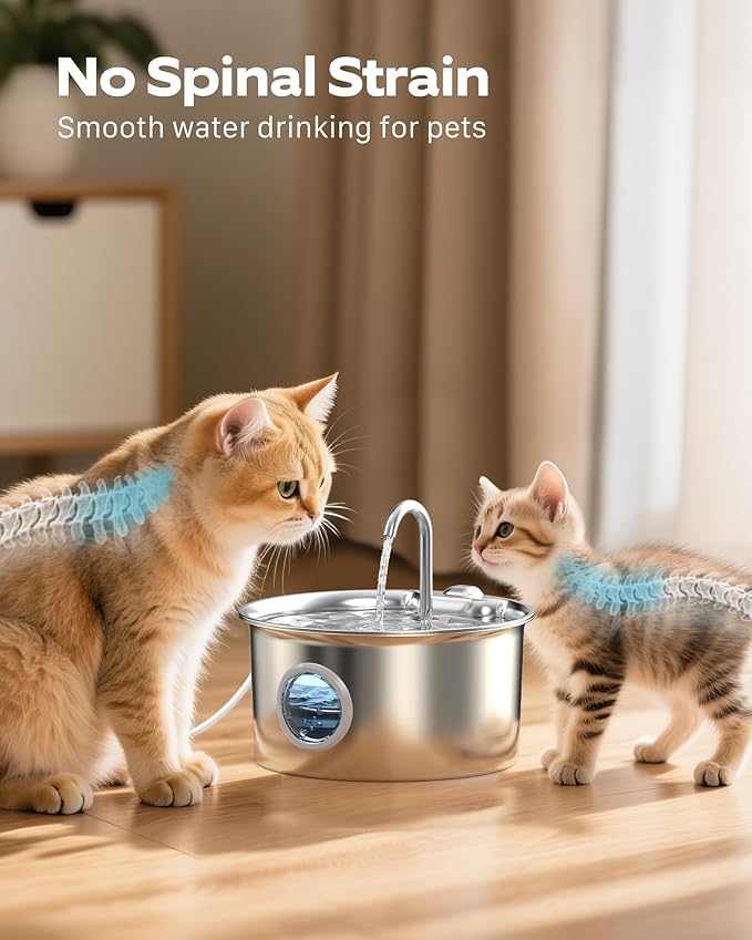 Pet Water Fountain Stainless Steel: Mental Cat Water Fountains for Cats Indoor - 88oz/2.6L Noiseless Cats Waterer Bowl Dispenser - ATMZIQXR Kitten Drinking Fountains with 8 Filters + 8 Sponges