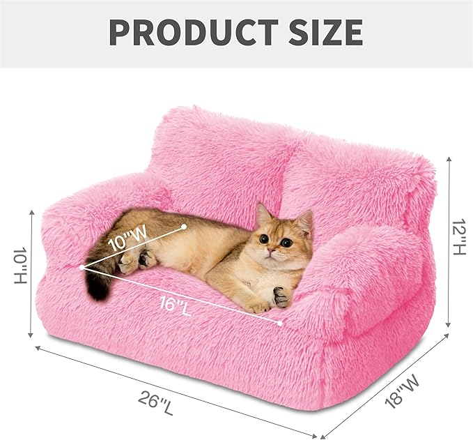Cat Couch Bed for Indoor Cats, Calming Pet Sofa Puppy Sleeping Bed with Removable Washable Cover, Cute Dog Couch and Kitty Lounge Chair for 18lbs Cat & Small Dogs(Plush Pink)