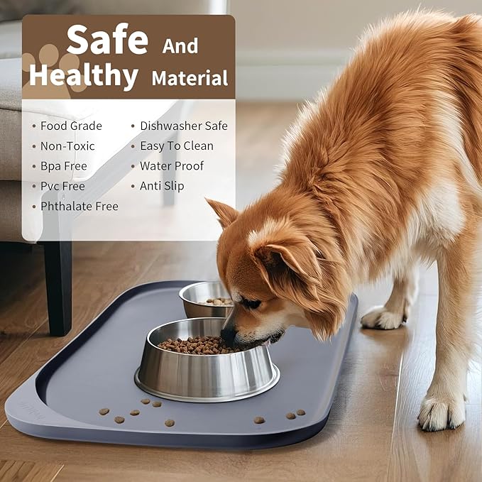 Silicone Pet Feeding Mat with Raised Edge & Residue Collection Pocket for Food and Water, Dog Bowl Mats, Cat Bowls Placemat with High Lip for Floor Waterproof, 19 x 12 x 0.7 Light Gray