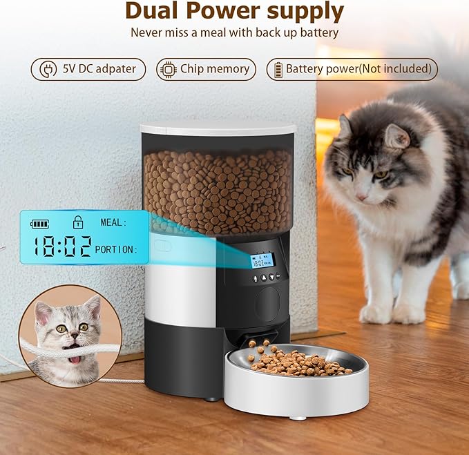 Automatic Cat Feeder, 3L Timed Dog Food Dispenser, Auto Dry Food Feeders for Pets, Programmable Portion Control, 4 Meals/Day, Dual Power Supply, 10s Voice Recorder (White and Black - Basic)