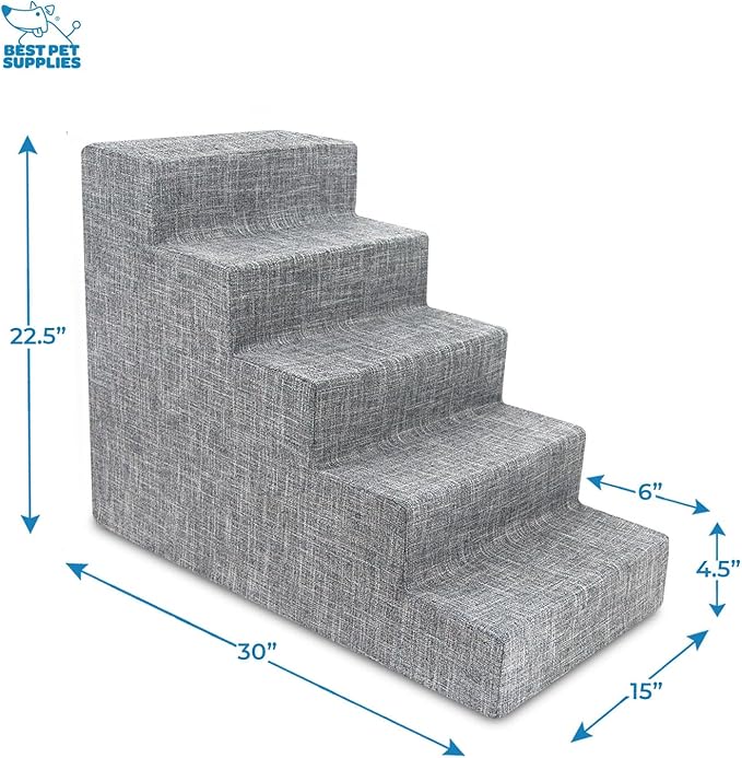 Best Pet Supplies Dog Stairs & Steps - Foam Steps for Small Dogs & Cats, Non-Slip Indoor Balanced Pet Step Support, Dog Ramp, No Assembly, Ash Gray Linen, 5-Step (22.5-inch Height)