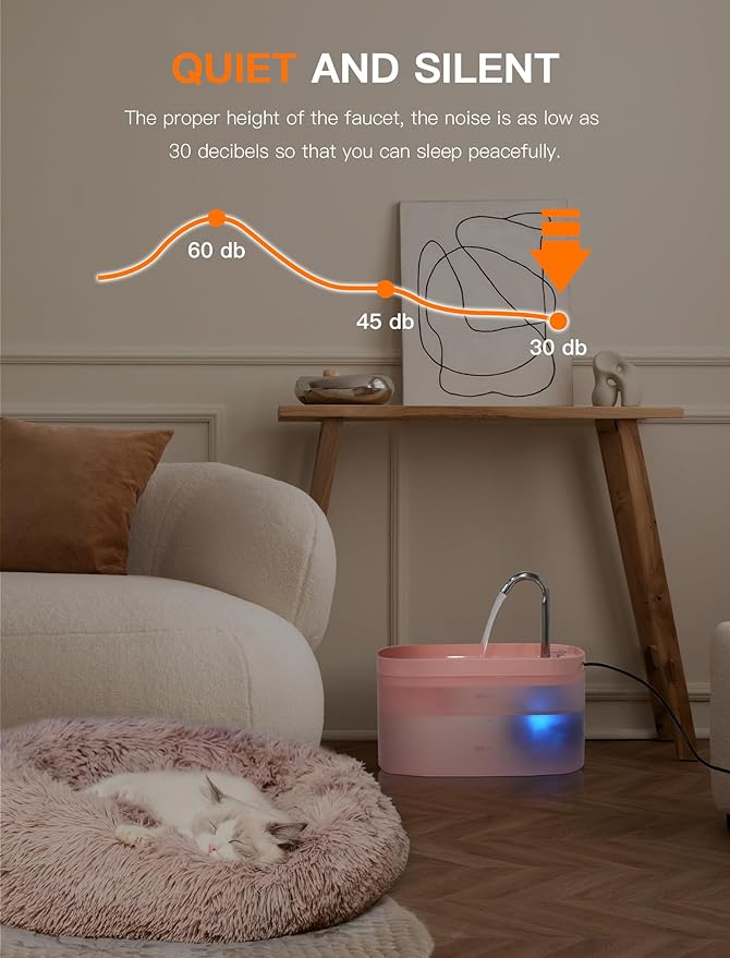 Cat Water Fountain, 84OZ/2.5L Cat Fountain, Super Silent Pet Water Fountain, Activated Carbon Filter, Translucent Pet Water Dispenser Suitable for Multiple Pets Family (Pink)