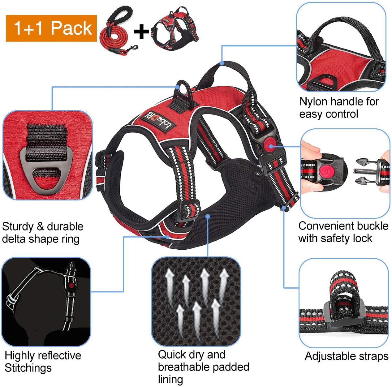 No Pull Dog Harness Adjustable Reflective Oxford Easy Control Medium Large Dog Harness with A Free Heavy Duty 5ft Dog Leash (S (Neck: 14"-17", Chest: 18"-21"), Red Harness+Leash)