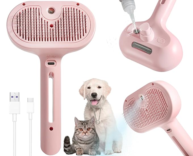 3-in-1 Steam Brush for Cats & Dogs – Hair Removal Comb with One-Click Release & Water Spray – Grooming Brush for Shedding, Long/Short Hair