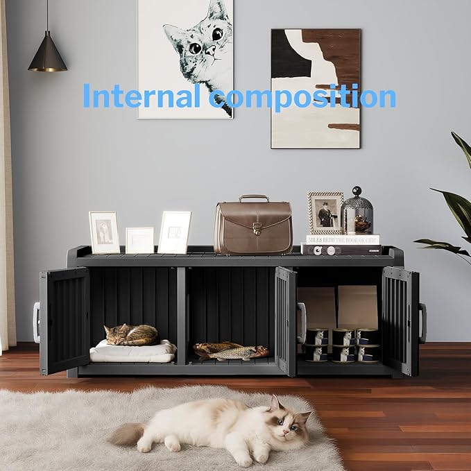 Cat Litter Box Enclosure Resin Hidden Cat Litter Box Furniture Multi Functional Three Door Spacious Odorless Waterproof UV Resistant Durable Indoor Outdoor Use Black