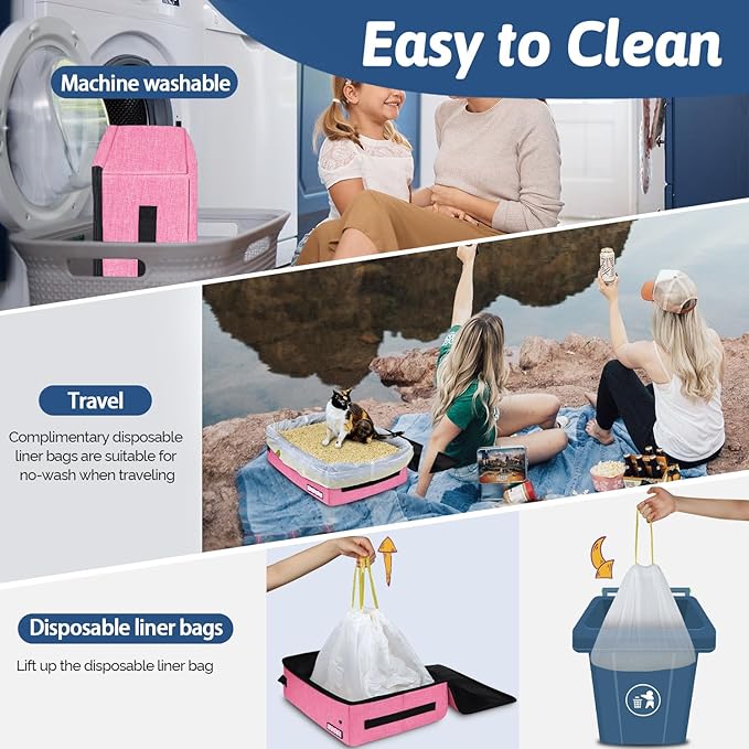 Petskd Portable Cat Travel Litter Box with Lid and 10 pcs Disposable Liner Bags, Leak-Proof and Collapsible, Cat Travel Essentials for Car, Hotel, Airplane and Other Outdoor Use(Pink)