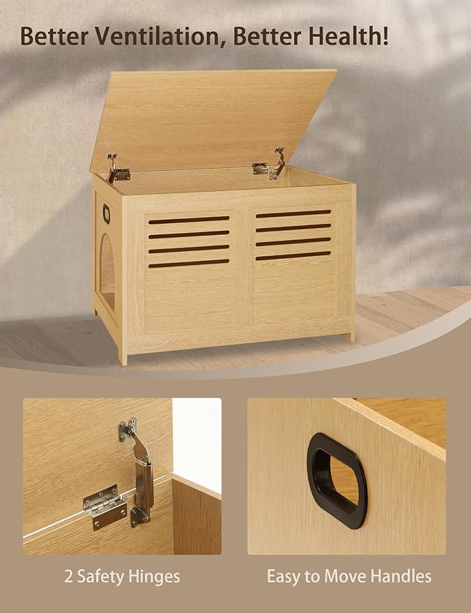 DINZI LVJ Litter Box Enclosure, Flip Top Litter Box Furniture, Good Ventilation, Hidden Cat Washroom, 27.6" L x 19.7" W x 19.7" H, Entrance Can Be on Left or Right, Wooden Cat House, Natural