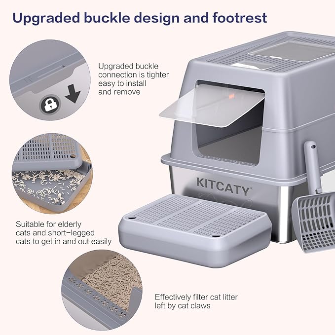 XXXL Stainless Steel Litter Box with Lid，Extra Large 28"L*20"W*18.1"H Metal Cat Litter Boxs,Jumbo Enclosed Removable Litter Box High Sides For Big Cats,with Cat Litter Scoop, Leak-Proof, Easy to Clean