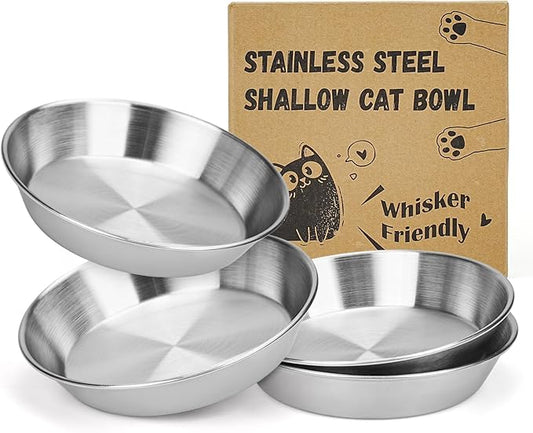 4-Pack Stainless Steel Cat Food Bowls – Deep Whisker-Friendly Non-Slip Silicone Base,Easy to Clean Indoor Feeding Dishes(5.9")