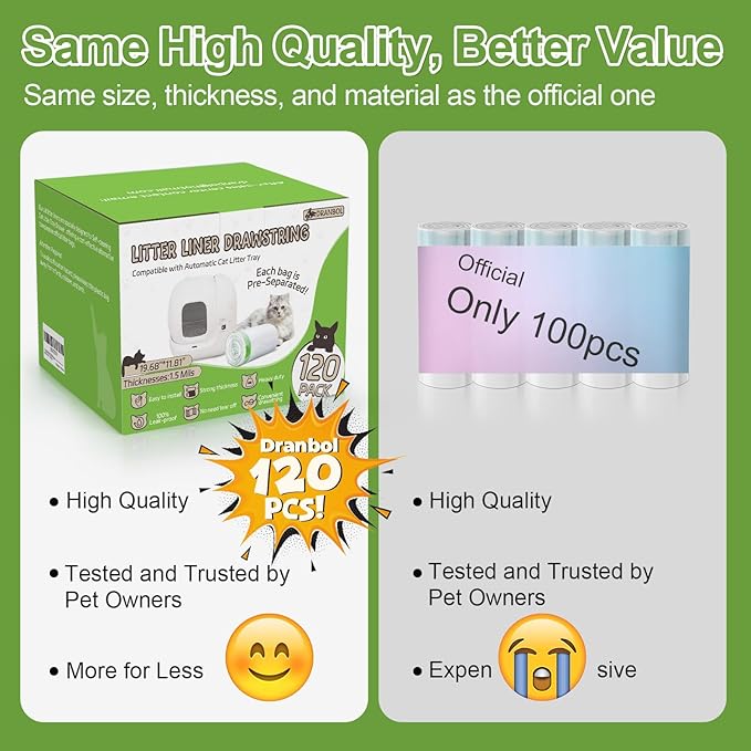 120 Pack Cat Litter Box Liners for PET KIT Pura MAX & X, Extra Thick Heavy Duty Drawstring Self-Cleaning Robot Litter Bags, Leak-proof Disposable Replaced Pet Kitty Poop Trash Bag 21.7" * 11.8"