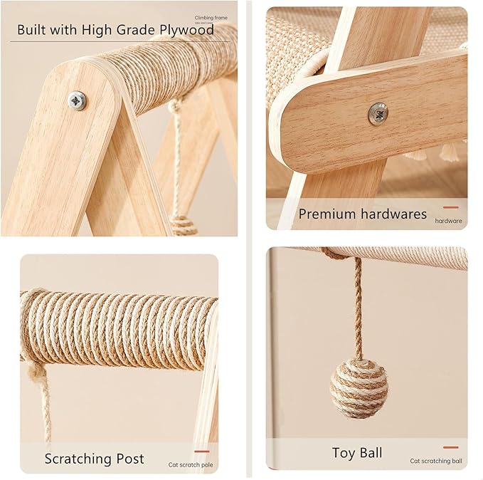 SHENGOCASE 3-Tier Modern A Frame Wooden Cat Tree Tower Ladder with Multi-Level Bed Hammock for Large Cat and Sctatching Post, Hanging Toy Ball (Beige)