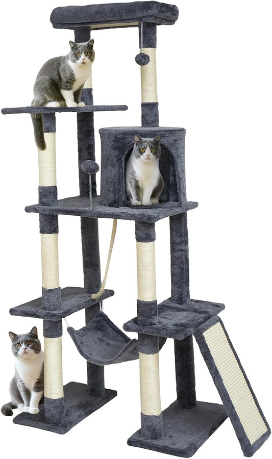 Large Cat Tree,65-inch Tall Multi-Level Cat Tower with Sisal-Covered Scratching Posts, Condo, Hammock, Dangling Ball,Grey