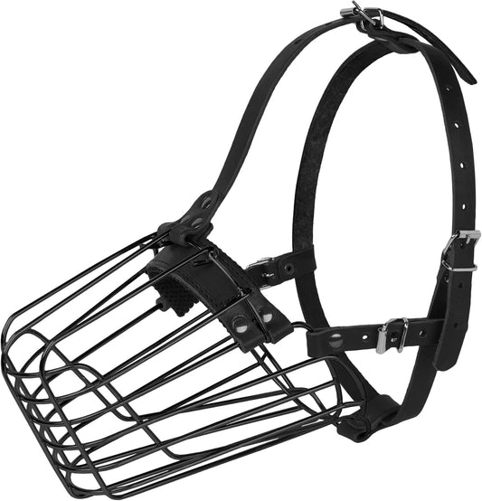 German Shepherd Dog Muzzle Metal Basket for Medium Large Dogs Adjustable Durable Leather Straps Secure Wire Mask for Biting Chewing Barking (Black, M - Size)